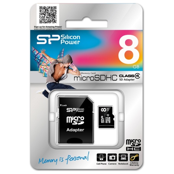 Silicon Power Paměťová karta microSDHC Class 4, 8GB + adaptér SD