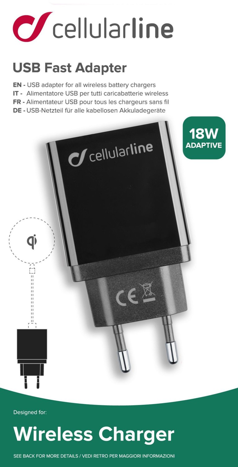 Síťová nabíječka Cellularline pro bezdrátové nabíječky, adaptivní nabíjení, 18W, černá
