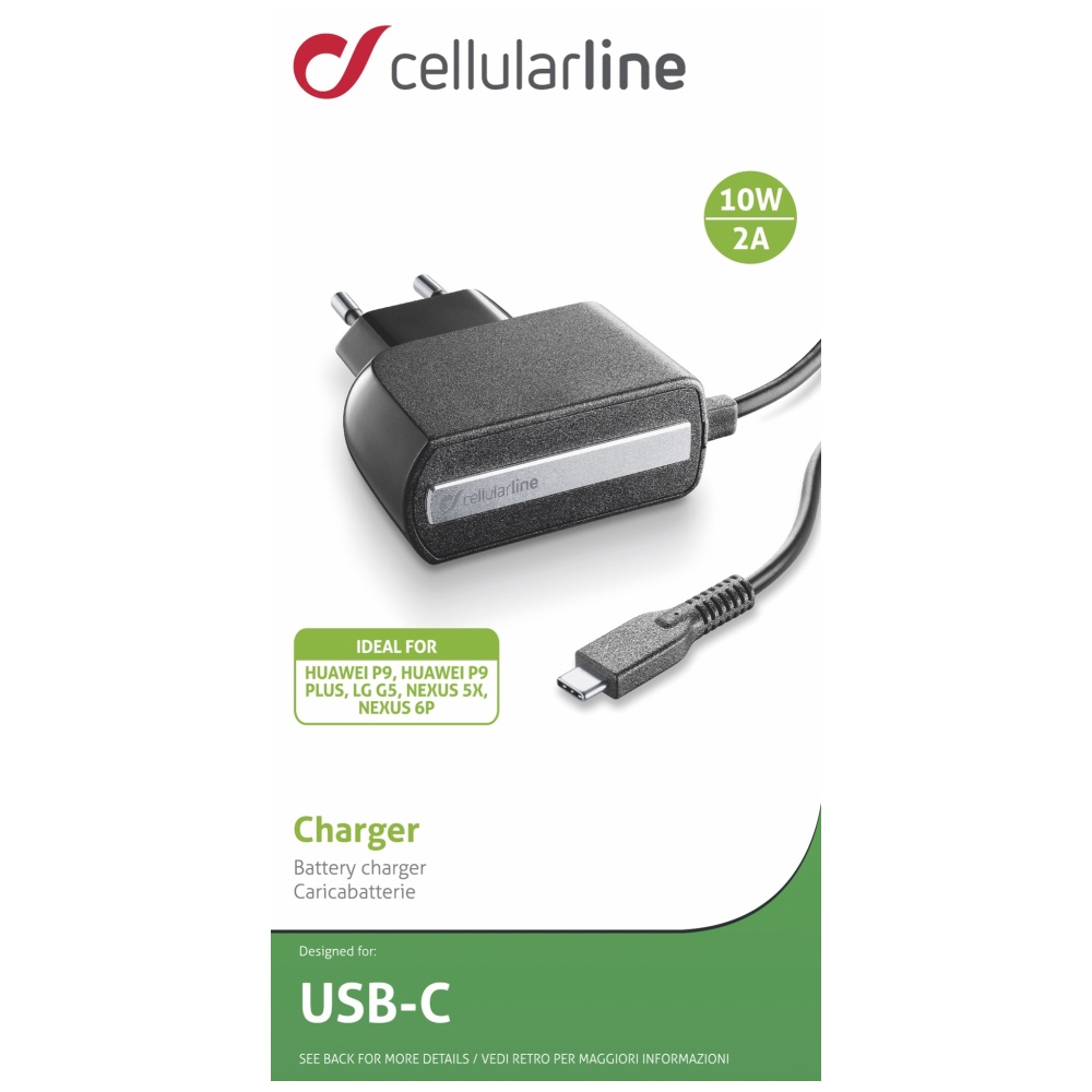 Cestovní nabíječka CellularLine s konektorem USB-C, 2,1A/5V, černá