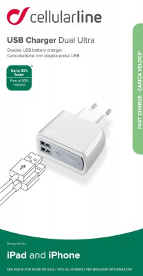 Sieťová nabíjačka CellularLine 2x USB konektor, 15W / 3.1A, biela