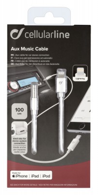 Audio kabel Cellularline Aux Music Cable, konektory Ligtning + 3,5 mm jack, MFI certifikace, bílý