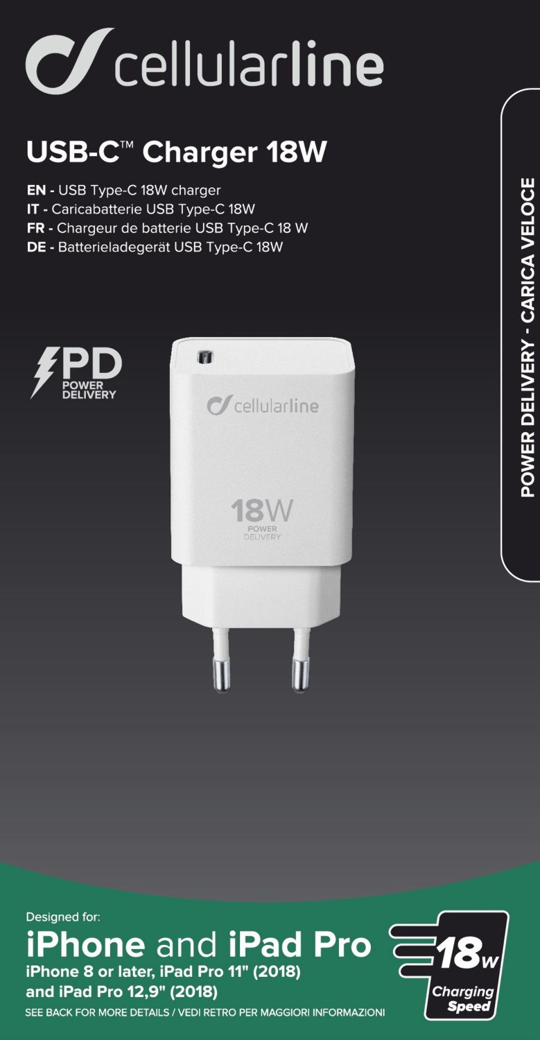 Síťová nabíječka Cellularline s USB-C, Power Delivery (PD), 18 W, bílá