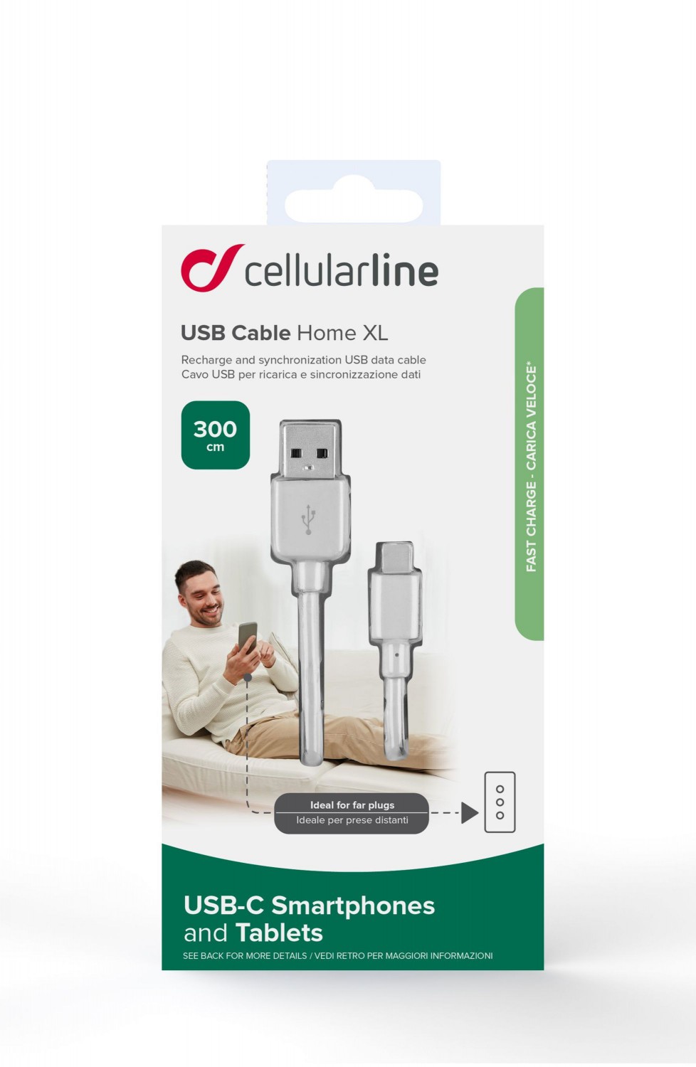 USB datový kabel Cellularline s USB-C a Power Delivery (PD), 60W max, 3m, bílý