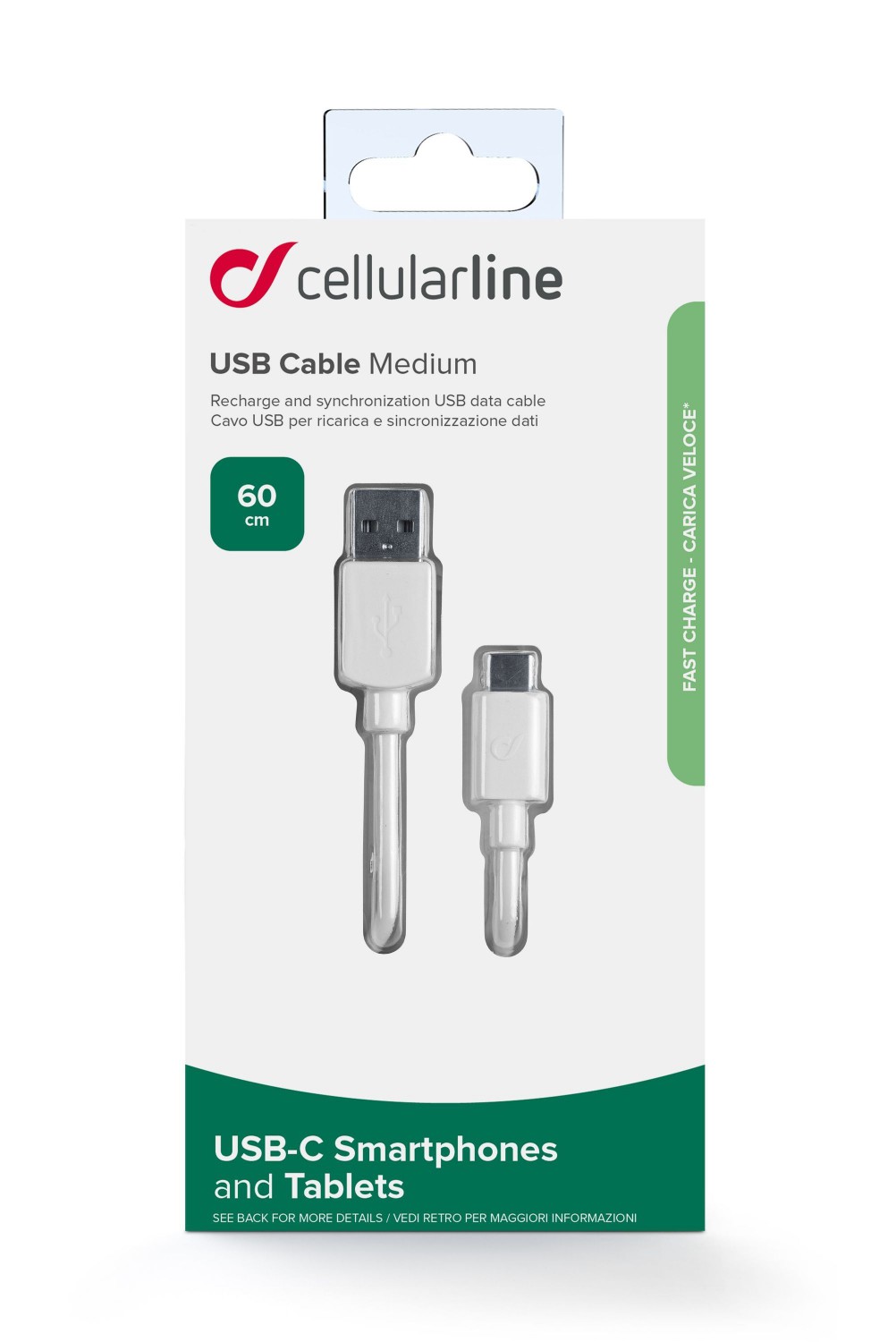 USB datový kabel Cellularline s USB-C a Power Delivery (PD), 60 W max, 60 cm, bílý