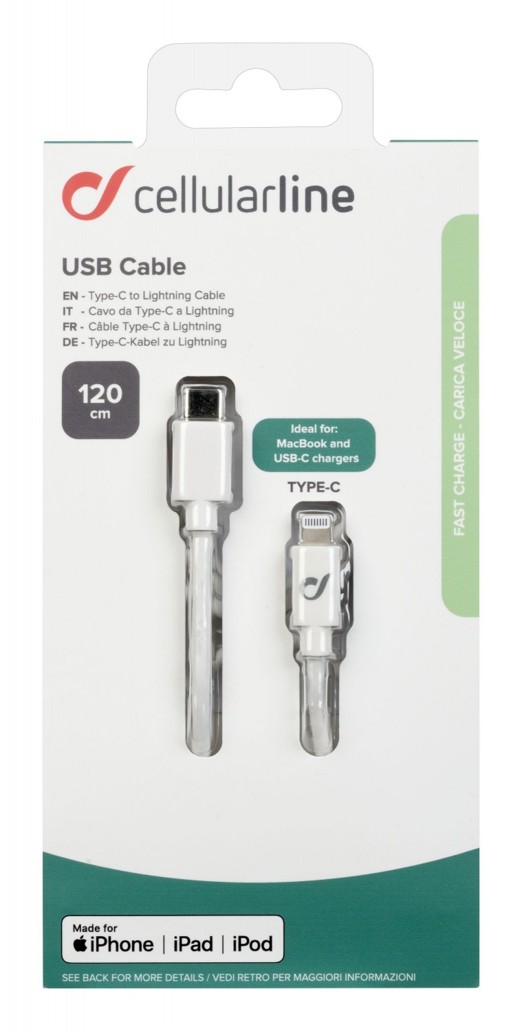 USB-C datový kabel CellularLine s konektorem Lightning, 120 cm, bílý 