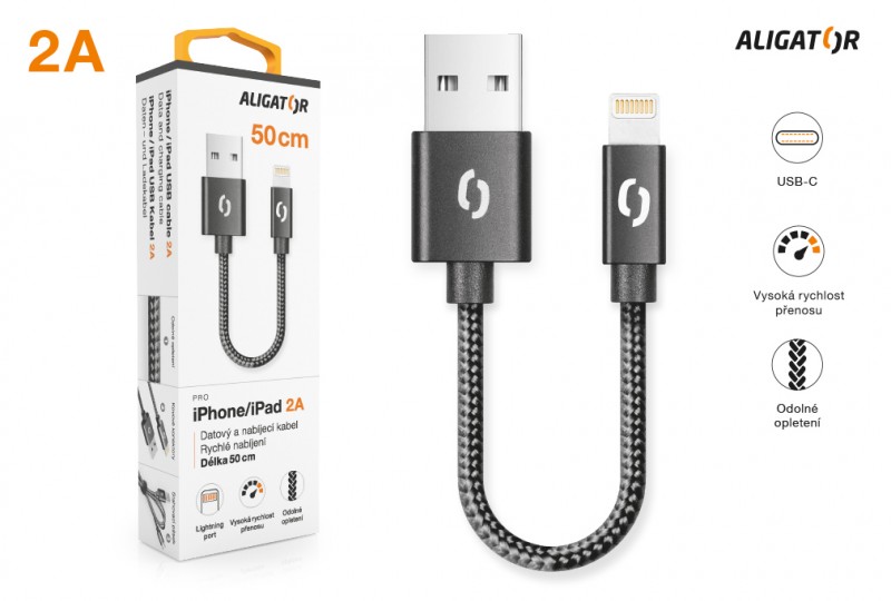 Datový kabel ALIGATOR PREMIUM 2A, USB-C 50cm, černá
