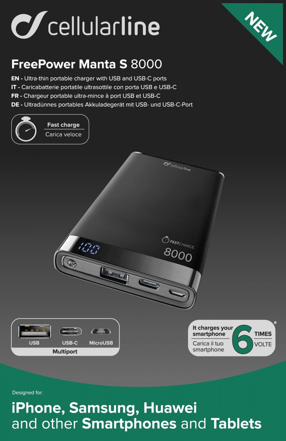 Powerbanka CellularLine FREEPOWER MANTA S, 8000mAh, USB-C+USB, černá