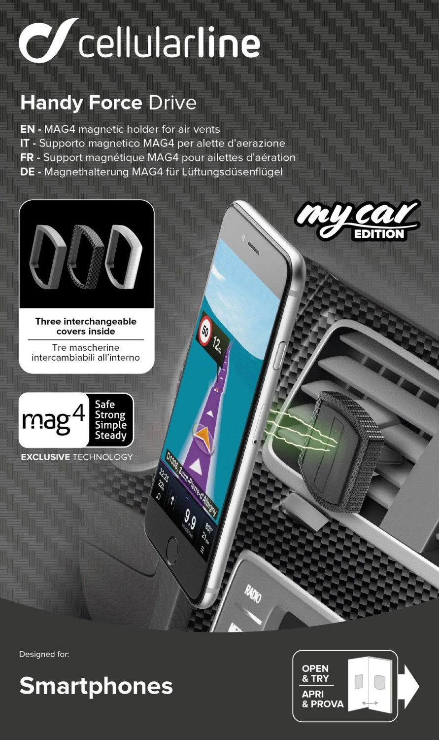 Magnetický držák do ventilace Cellularline Mag4 Handy Force Drive, My Car Edition, černý