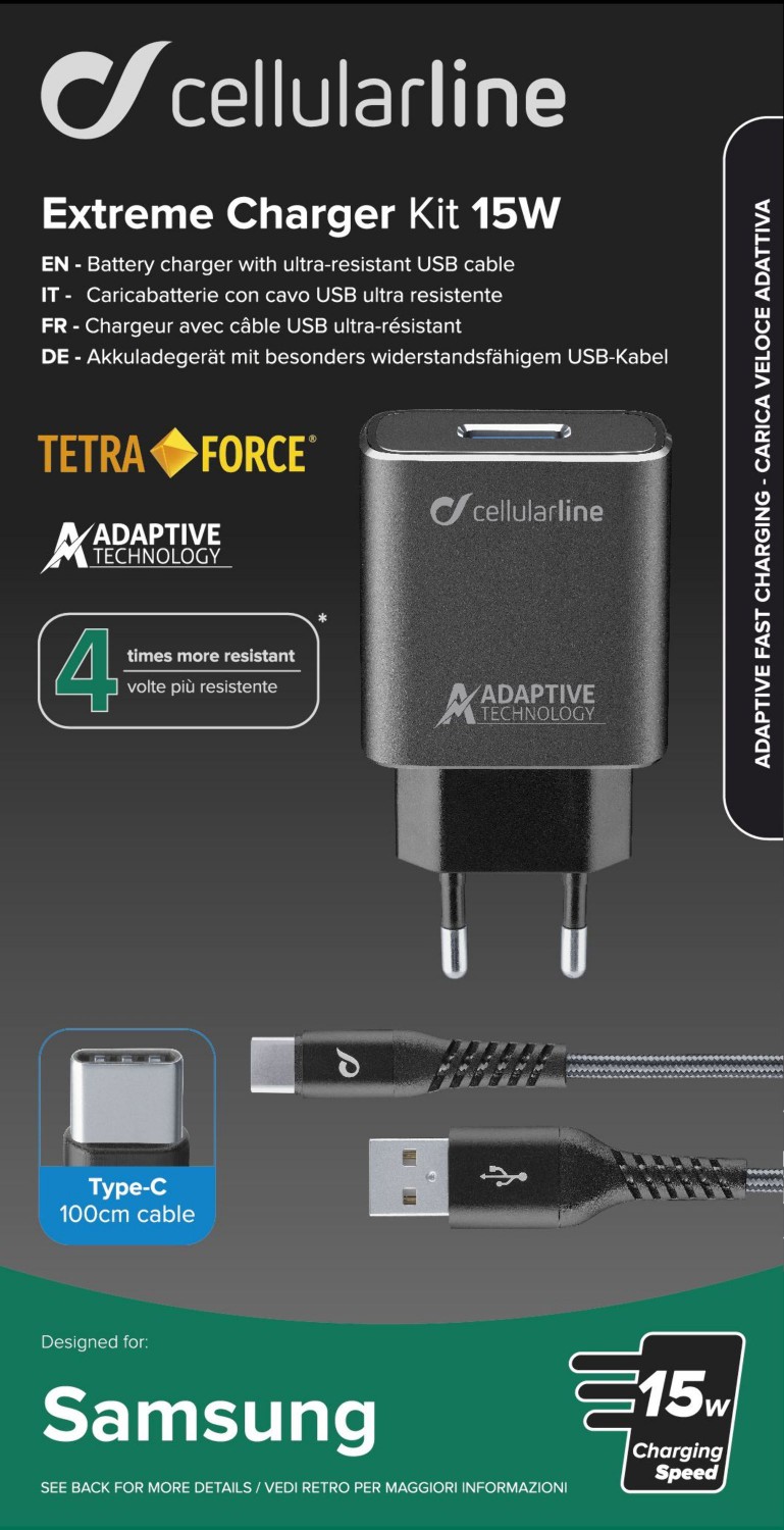 Set USB nabíječky a  USB-C kabelu Cellularline Tetra Force 15W, adaptivní nabíjení, černá
