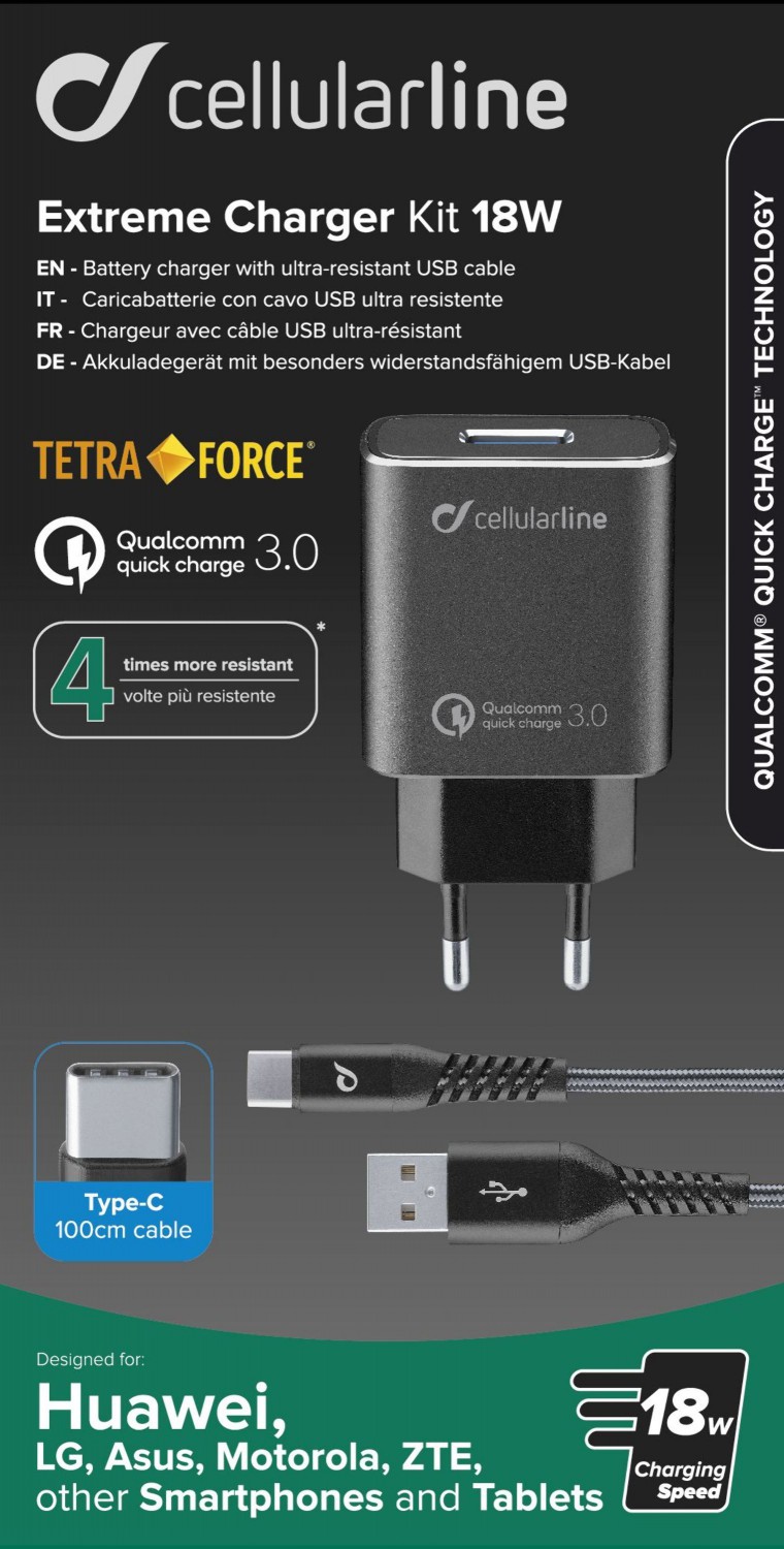 Set USB nabíječky a USB-C kabelu Cellularline Tetra Force 18W, Qualcomm® Quick Charge 3.0, černý