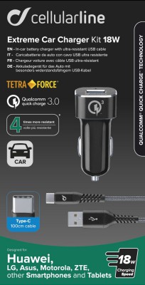 Set USB autonabíječky a USB-C kabelu Cellularline Tetra Force 18W, Qualcomm® Quick Charge 3.0, černý