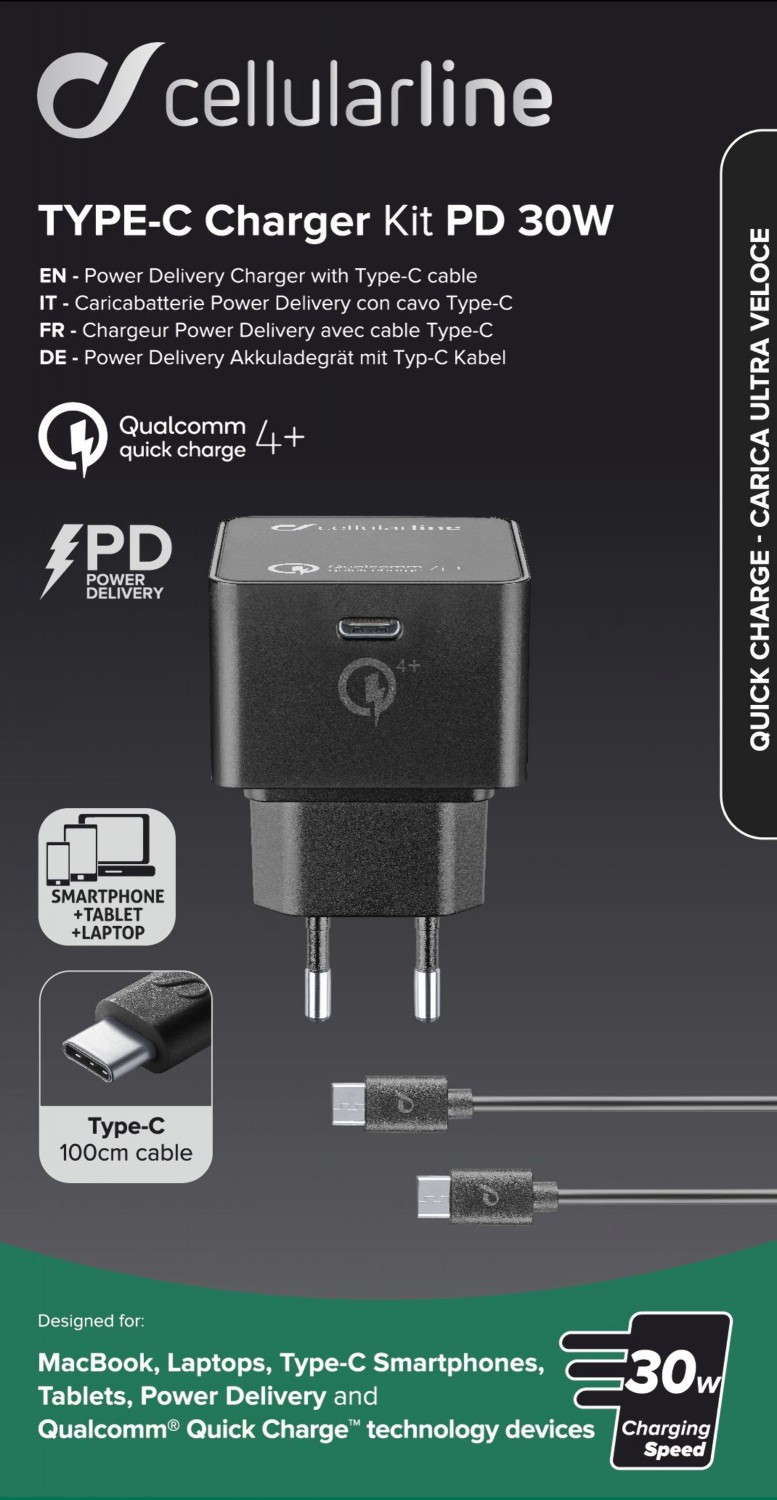 Set USB-C síťové nabíječky Cellularline (PD) a 1m kabelu s konektory USB-C, max. 30 W, Qualcomm® Quick Charge™ 4+, černý
