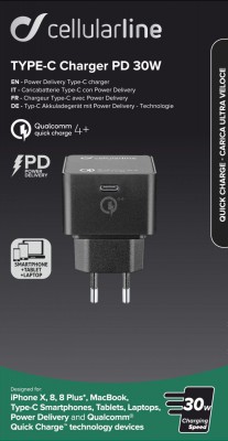 USB-C síťová nabíječka Cellularline Power Delivery (PD), max. 30 W, Qualcomm® Quick Charge™ 4+, černá