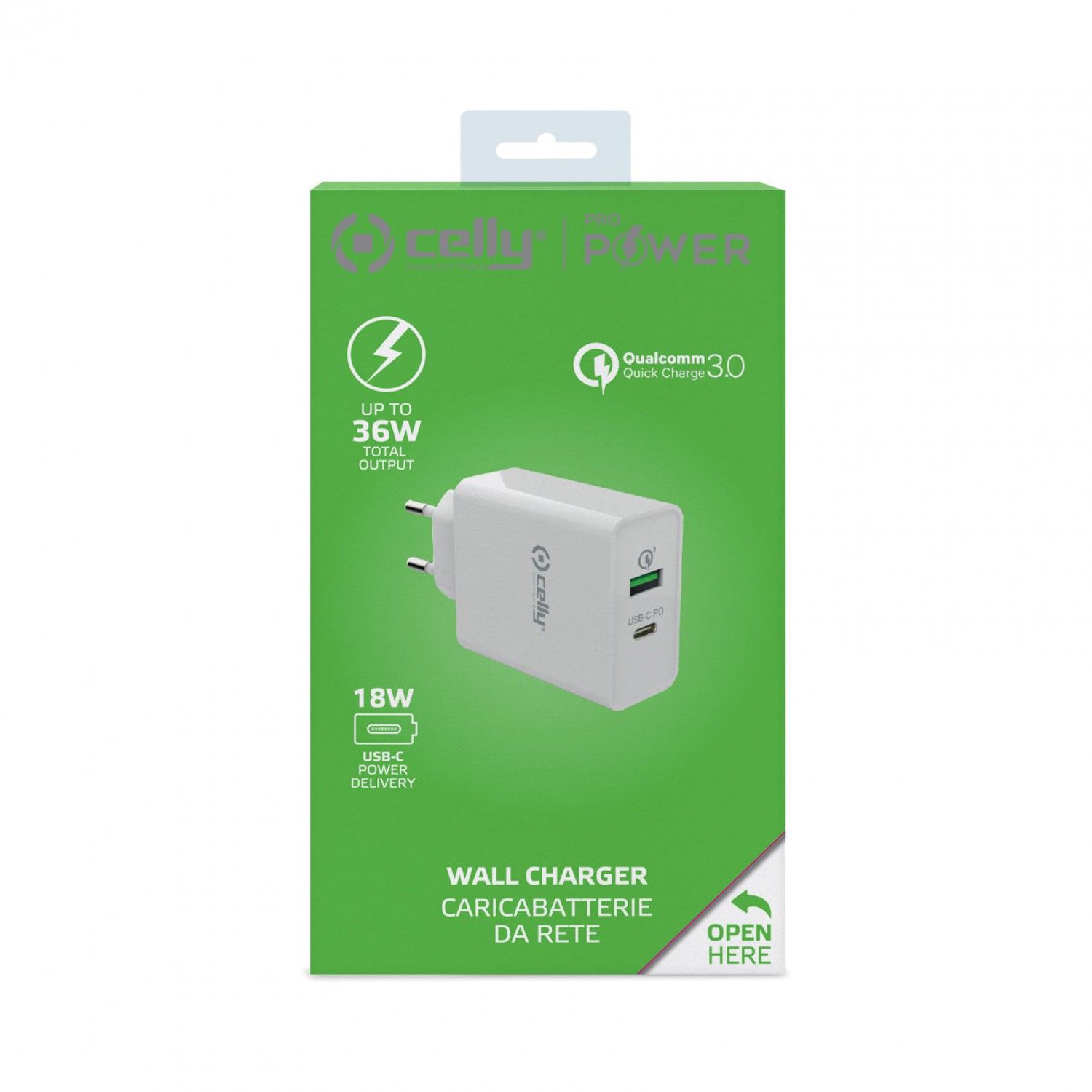 Cestovní nabíječka CELLY PRO POWER s USB-C (PD) a USB portem, Qualcomm Quick Charge 3.0, 18W max, bílá