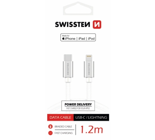 Datový kabel SWISSTEN Textile USB-C/Lightning (PD) MFI 1,2 m, stříbrná