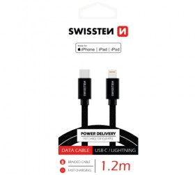 Dátový kábel SWISSTEN Textile USB-C / Lightning (PD) MFI 1,2 m, čierna