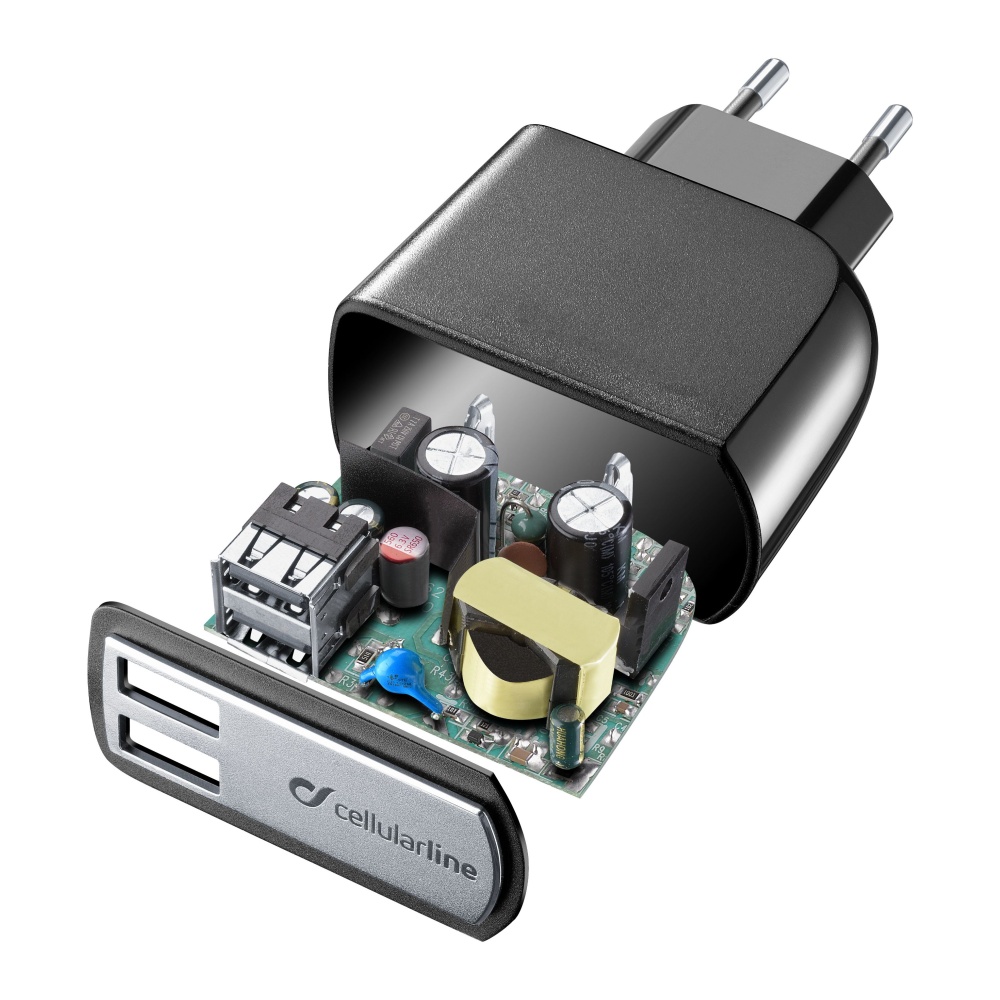 Cestovní USB nabíječka CellularLine, 3,1A/15W, 2xUSB, černá