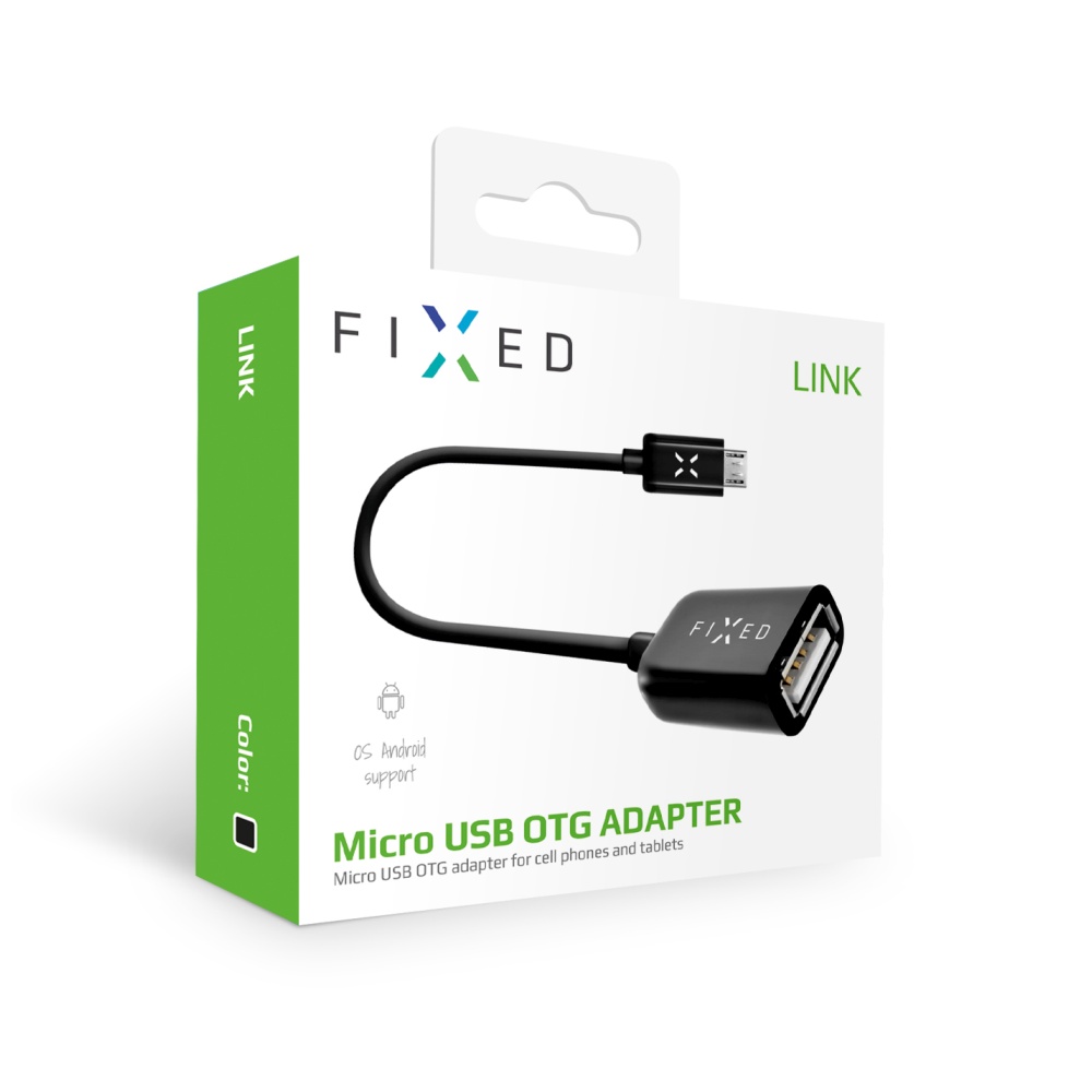 OTG dátový kábel FIXED s konektormi micro USB / USB (F), USB 2.0, 20 cm, čierny