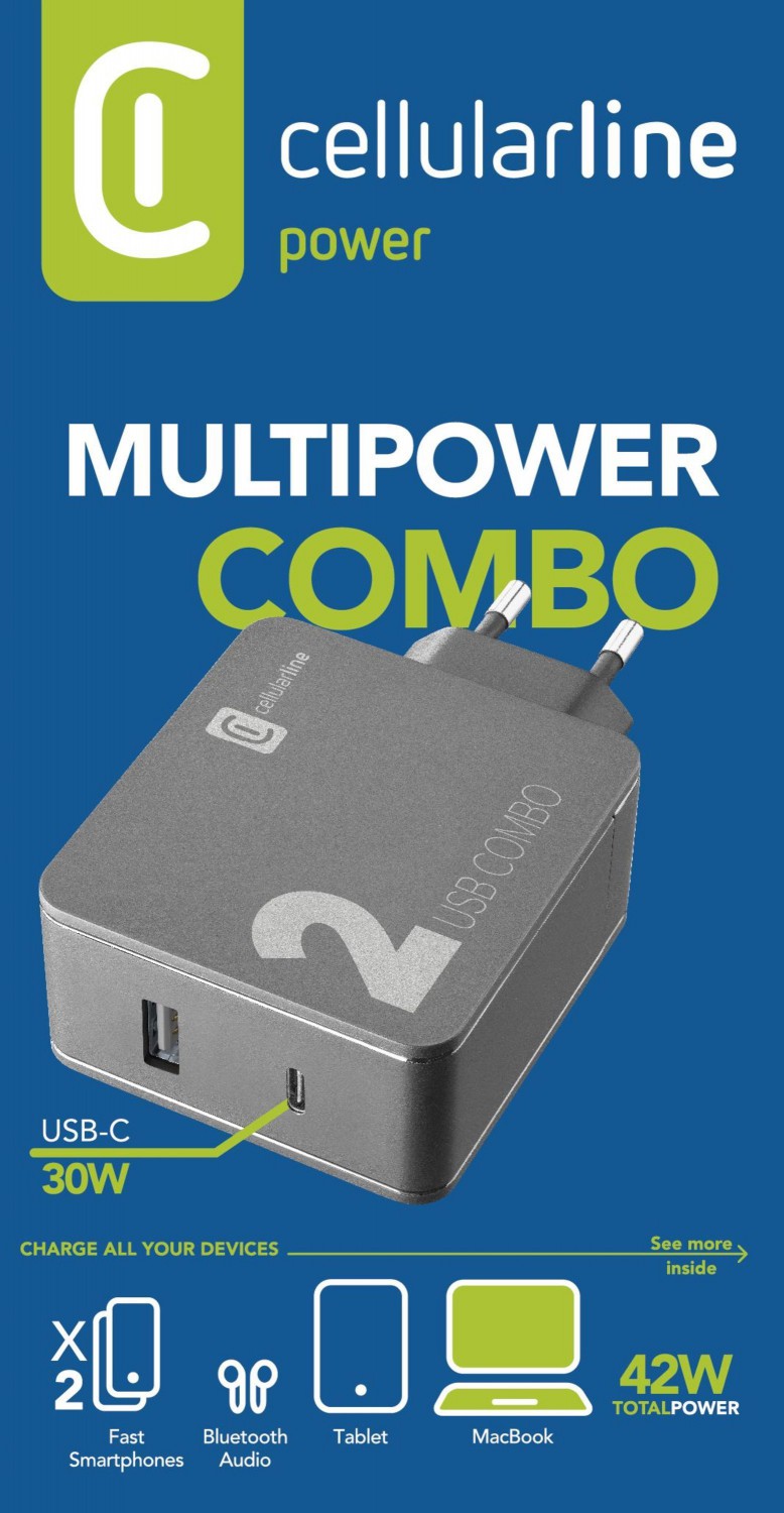 Síťová nabíječka Cellularline Multipower 2 Combo s USB-C portem, 42W, černá 