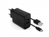 Síťová nabíječka FIXED, 2xUSB výstup a USB/USB-C kabel, 1m, 15W black