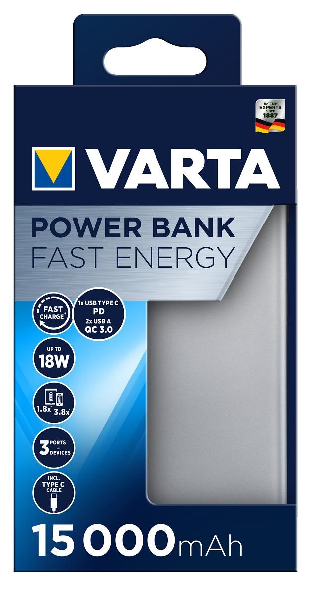 Power Bank VARTA Fast Energy 15000mAh, stříbrná