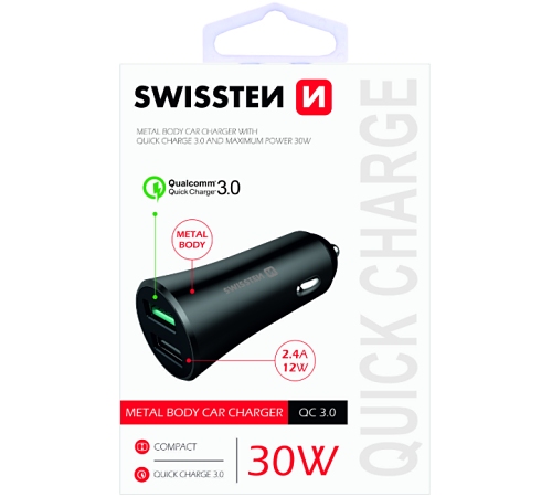 Autonabíjačka Swissten CL Quick Charge 3.0 + USB 2,4V, 30W, metal čierna